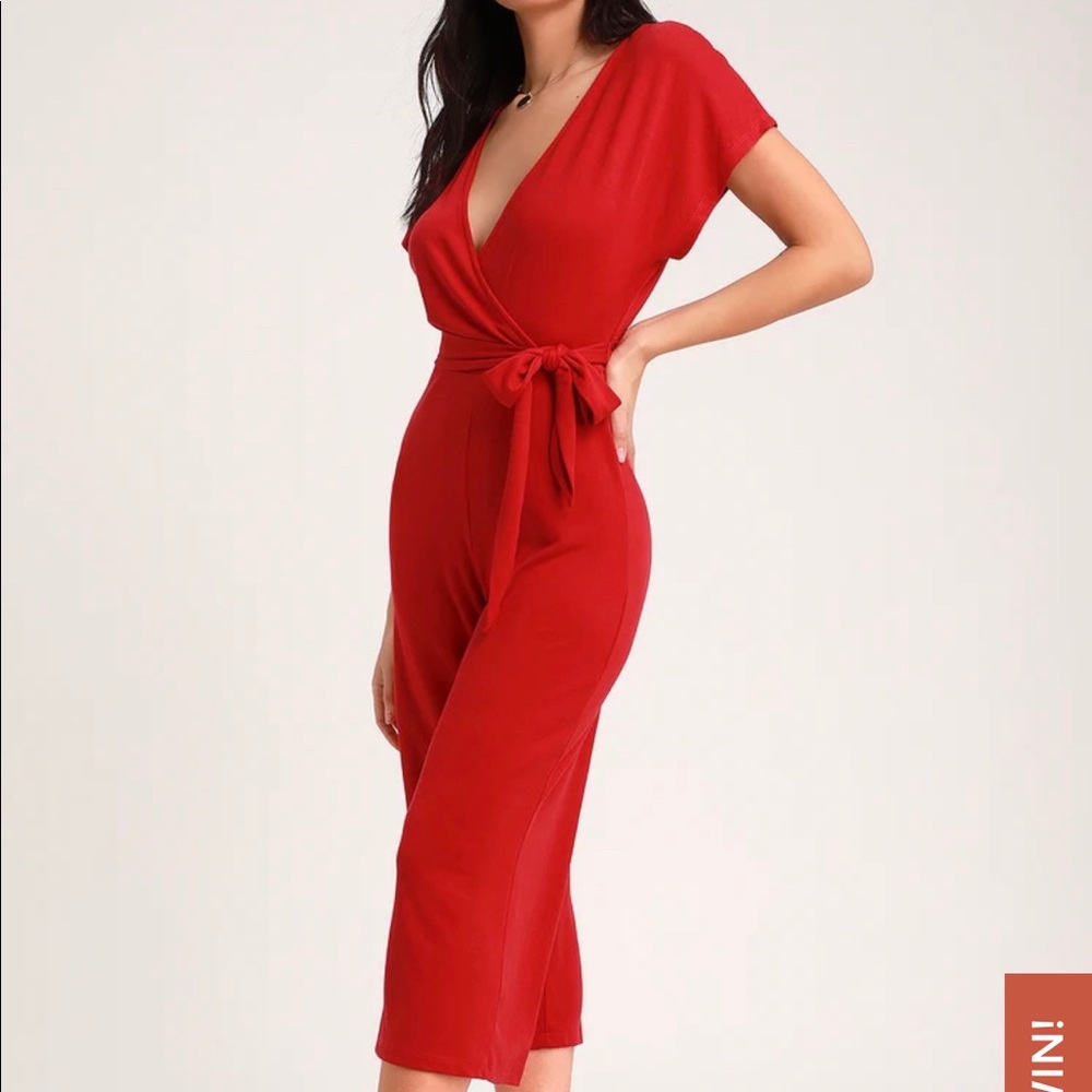 Weekend-worthy Red Surplice Culottes Jumpsuit